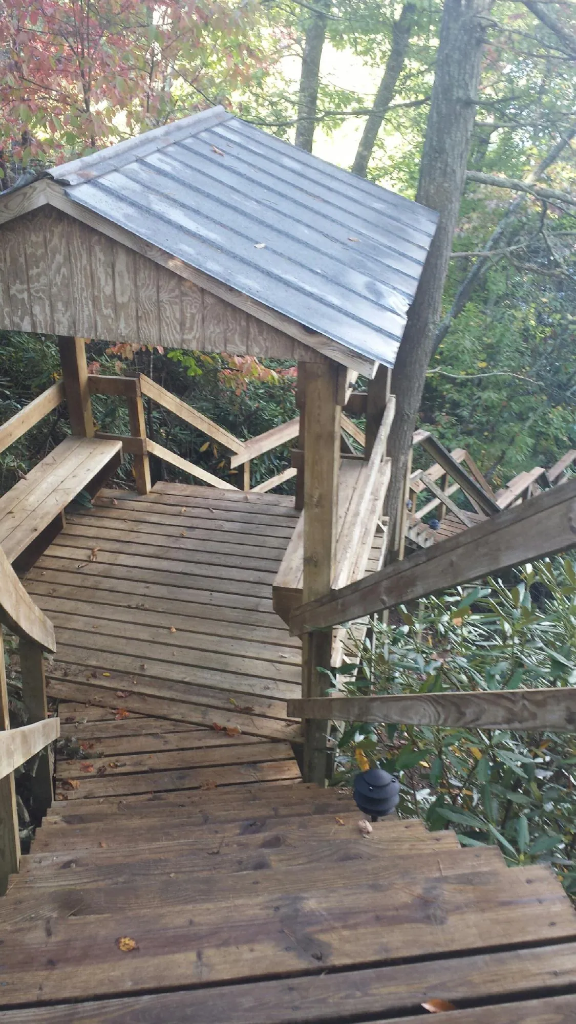 Metal roofed shelter over wooden steps on a wooded walkway — Skylight Repair & Installation work by our crew in Crabtree